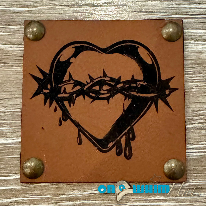 Spiked Heart Leather Iron-On Patch with Studs - Brown