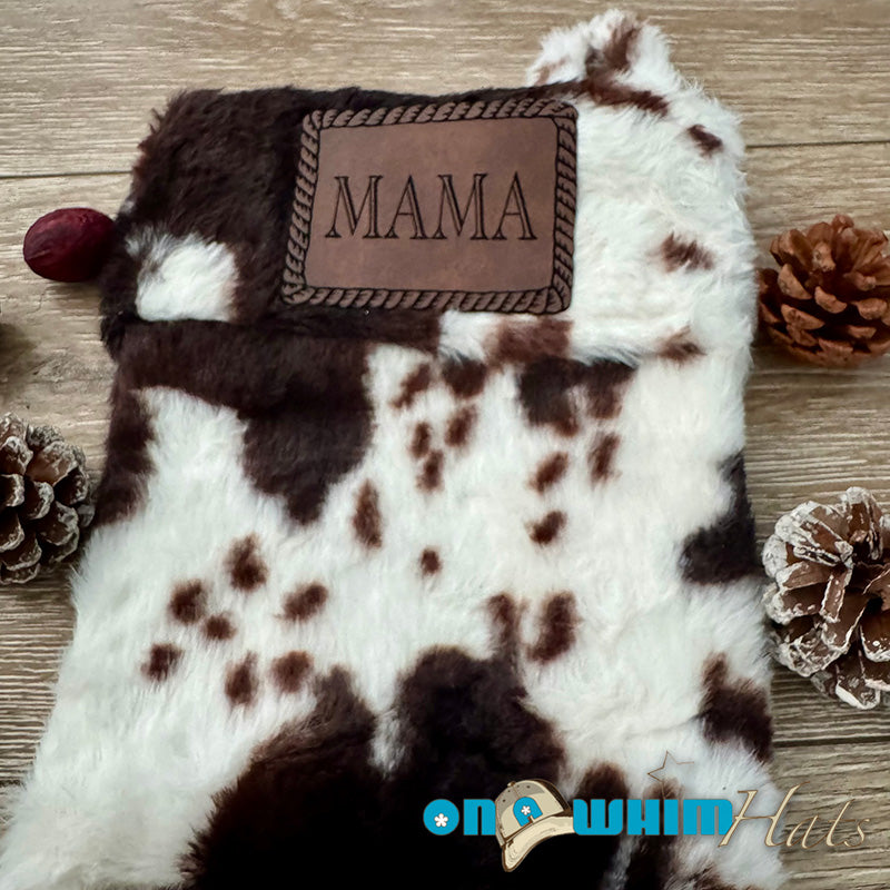 Faux Cowhide Stocking with Custom Leather Name Patches