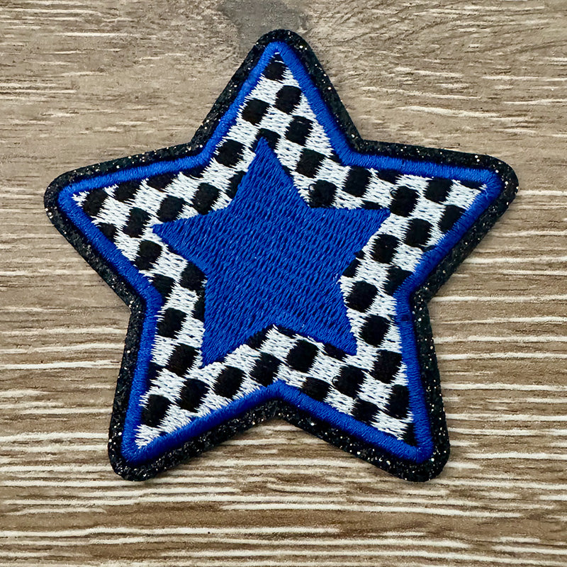 Blue Checkered Glitter Star Iron-On Patch