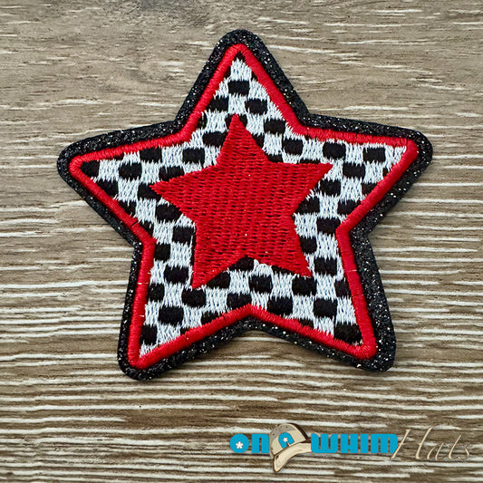Red Checkered Glitter Star Iron-On Patch