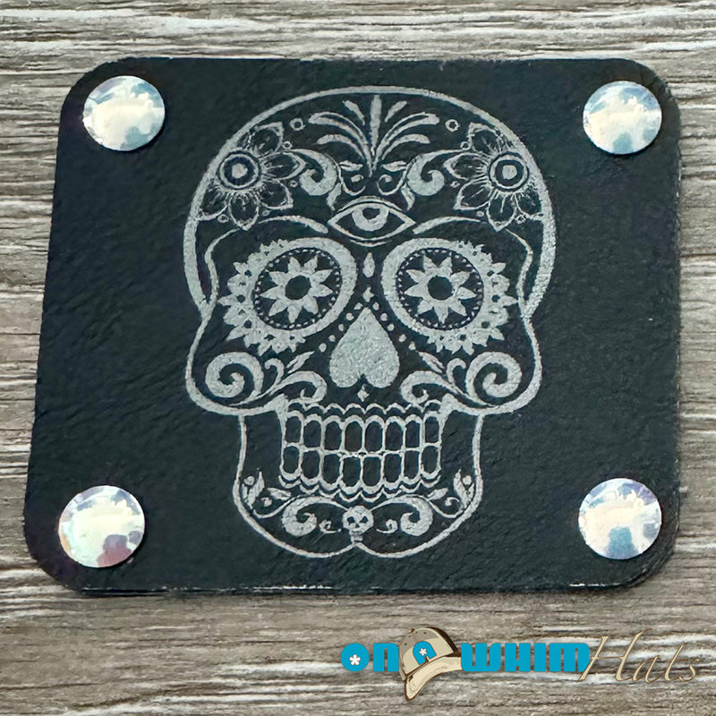 Candy Skull Leather Iron-On Patch with Studs - Black