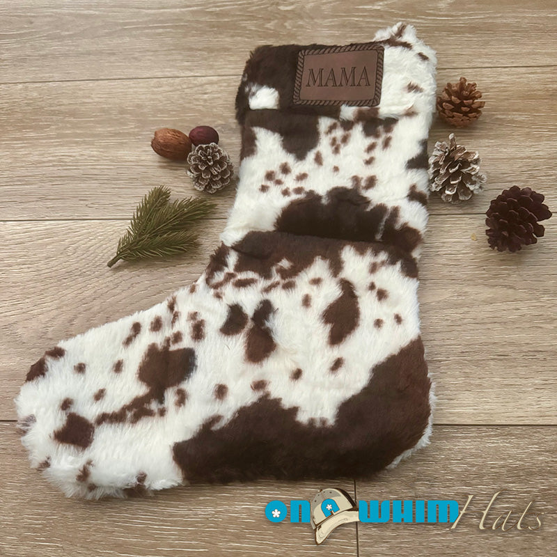 Faux Cowhide Stocking with Custom Leather Name Patches