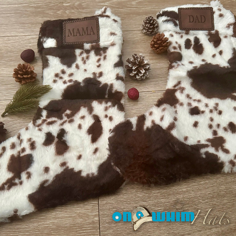 Faux Cowhide Stocking with Custom Leather Name Patches