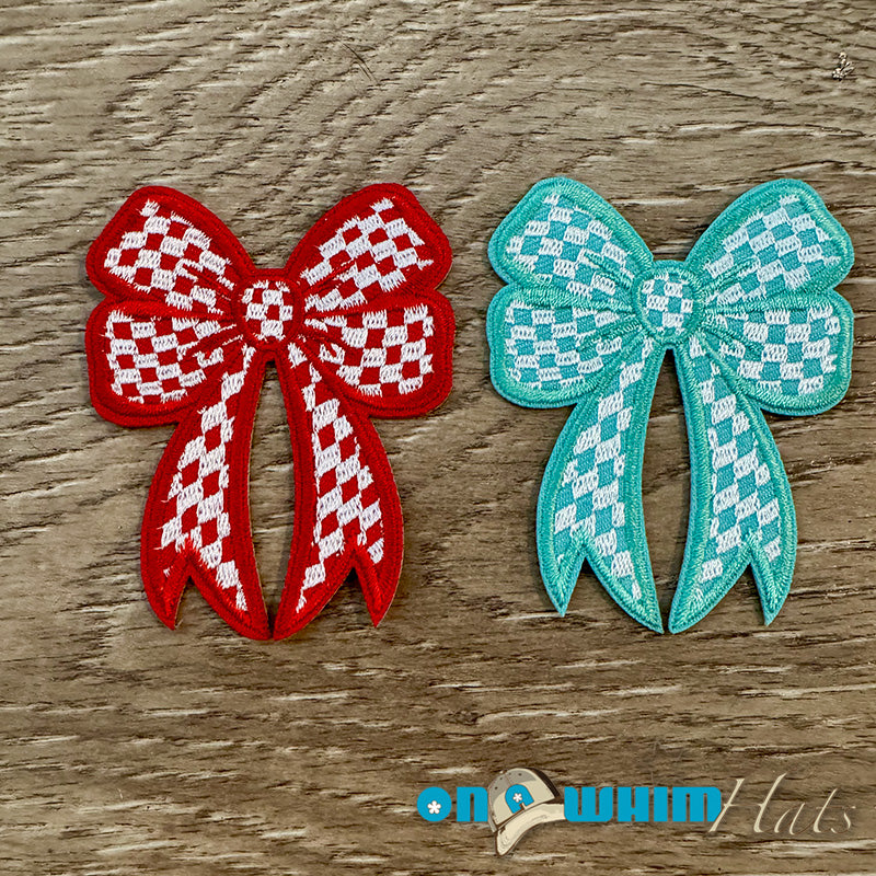 Red and Aqua Checkered Bows Iron-On Patch