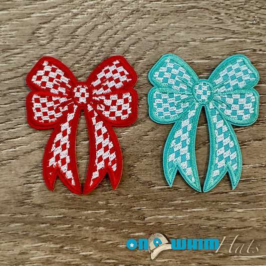 Red and Aqua Checkered Bows Iron-On Patch