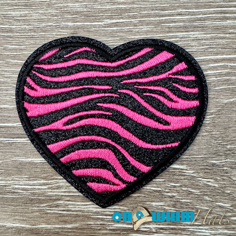 Zebra Pink Glitter Heart Iron-On Patch