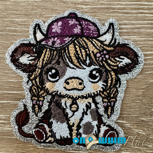 Flower Cap Highland Cow Iron-On Patch