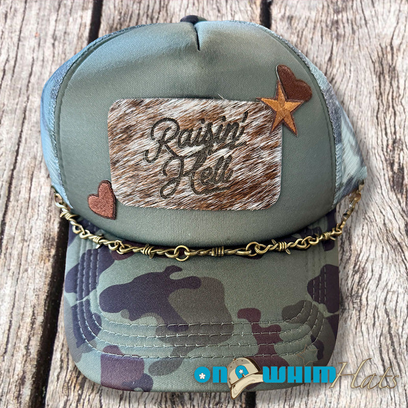 On A Whim Hats Raising Hell Handmade Trucker Hat w/ Cowhide Patch