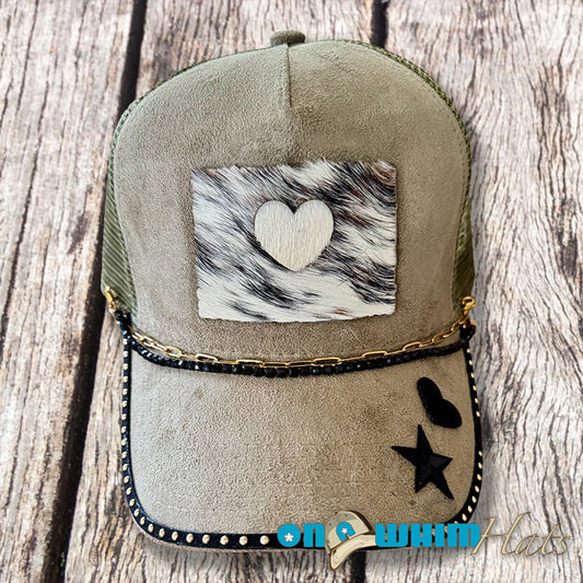 Western Babe Handmade Vegan Suede Trucker Hat w/ Cowhide Patch