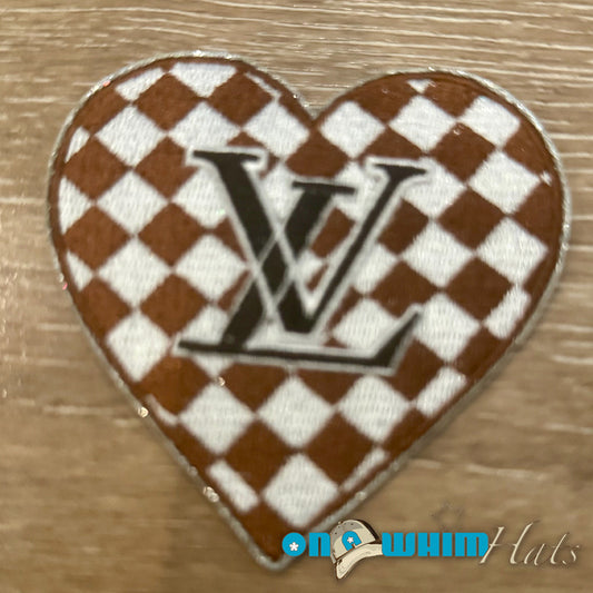 Designer Inspired LV Brown Checkered Heart Embroidered Patch