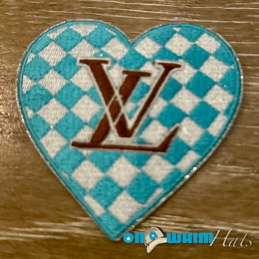 Designer Inspired LV Aqua Checkered Heart Embroidered Patch