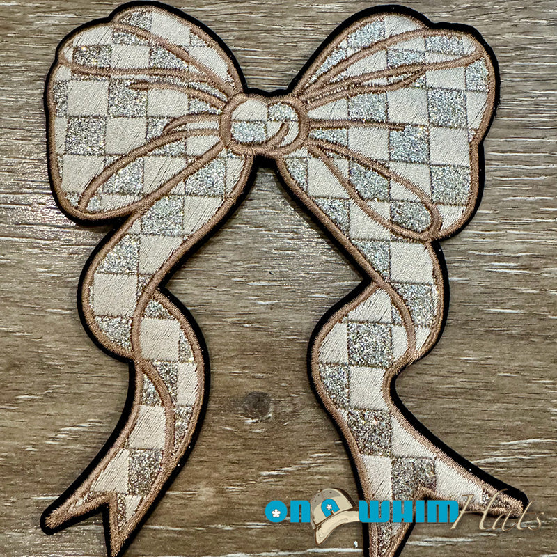 Large Gold Checkered Bow Iron-On Patch