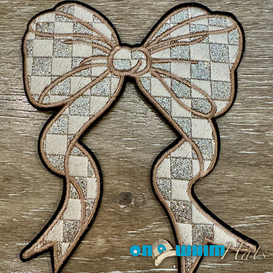 Large Gold Checkered Bow Iron-On Patch
