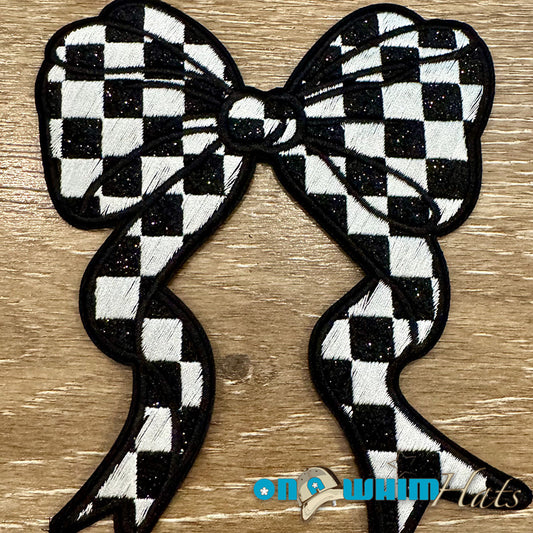 Large Black Checkered Bow Iron-On Patch