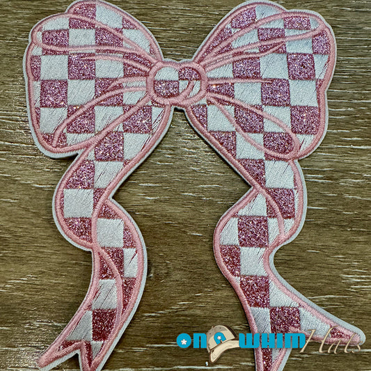 Large Pink Checkered Bow Iron-On Patch