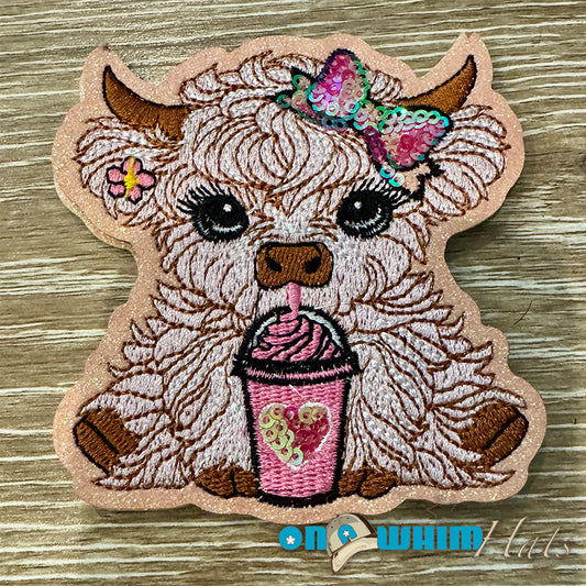 Pink Drink Highland Cow Iron-On Patch