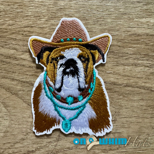 Bulldog Cowboy Embroidered Iron-On Patch