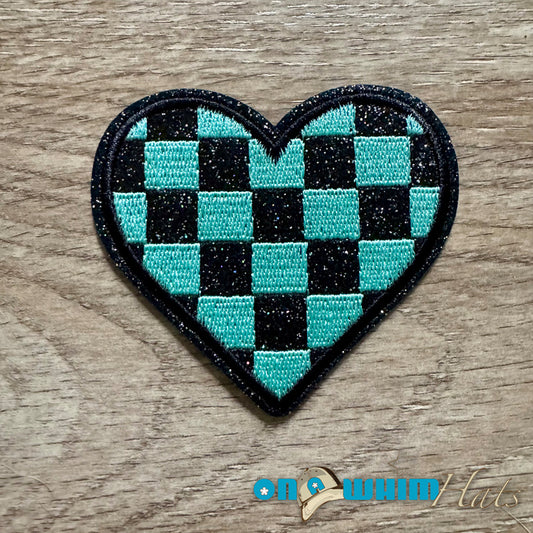 Turquoise Checkered Heart Iron-On Patch