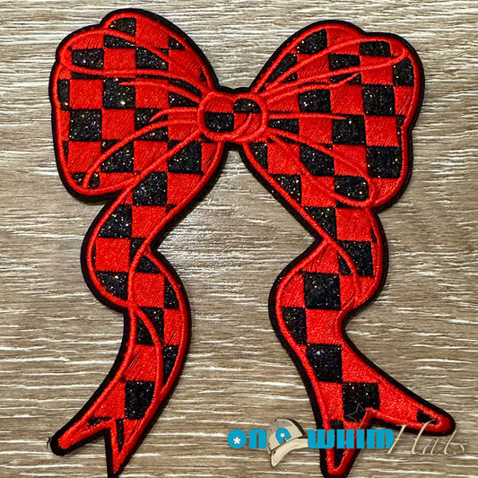 Large Black and Red Checkered Bow Iron-On Patch