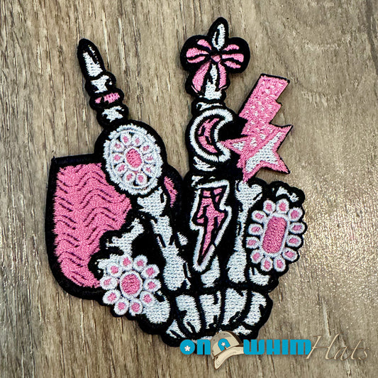 Skull Fingers Pink Embroidered Iron-On Patch