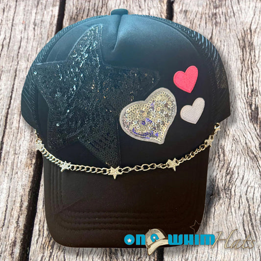 Heart-Stopper Handmade Trucker Hat with Rhinestone Hat Chain