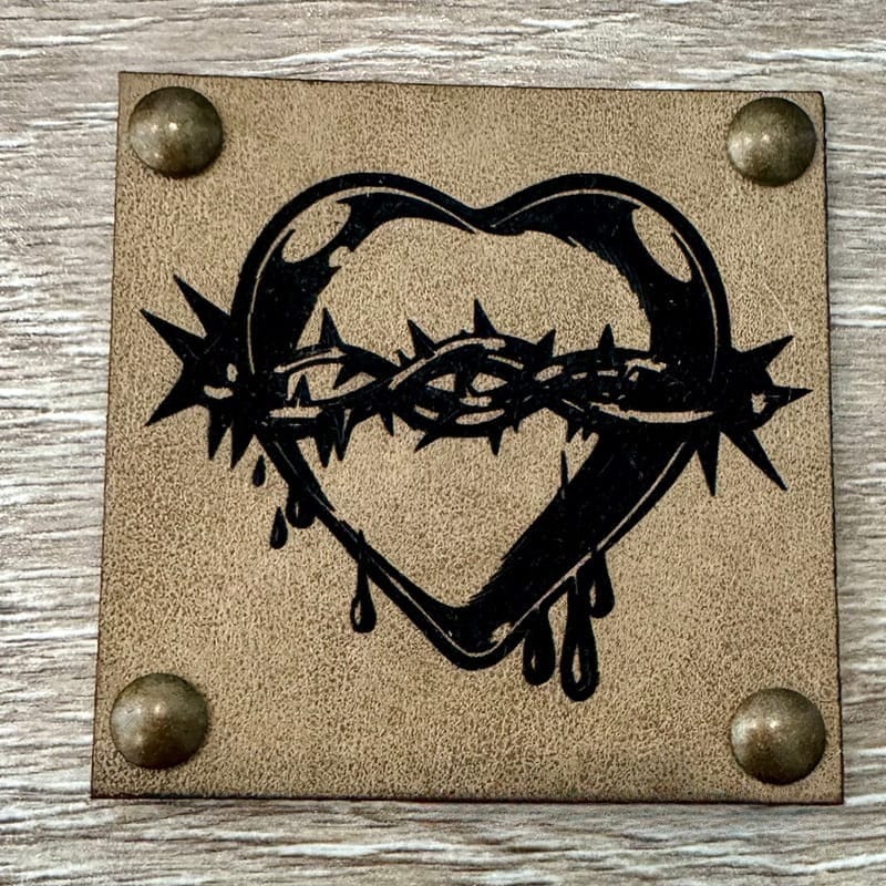 On A Whim Hats Spiked Heart Leather Iron-On Patch with Studs - Tan