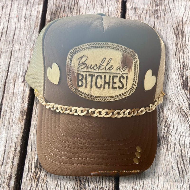 On A Whim Hats Buckle Up Handmade Trucker Hat w/ Cowhide Patch