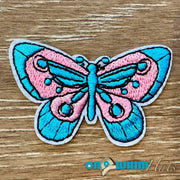 On A Whim Hats Aqua and Pink Butterfly Embroidered Iron-On Patch