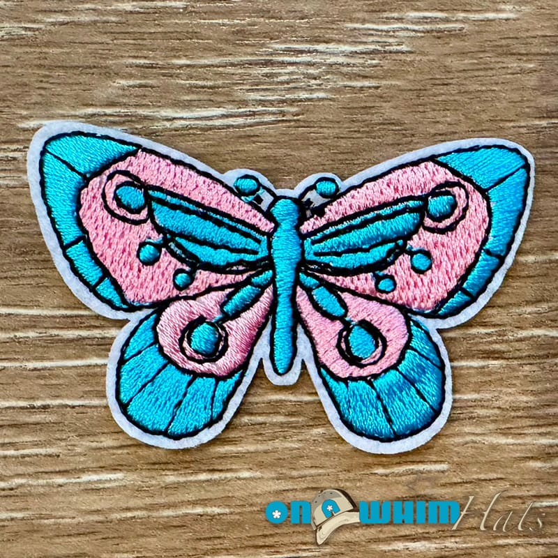 On A Whim Hats Aqua and Pink Butterfly Embroidered Iron-On Patch