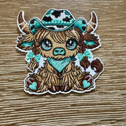 On A Whim Hats Aqua Cowgirl Highland Cow  Iron-On Patch