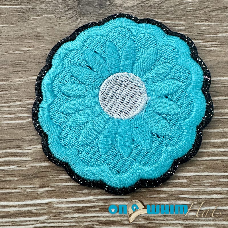 On A Whim Hats Aqua Flower Glitter Embroidered Patch
