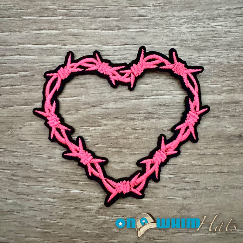 On A Whim Hats Barbed Wire Pink Heart Iron-On Patch