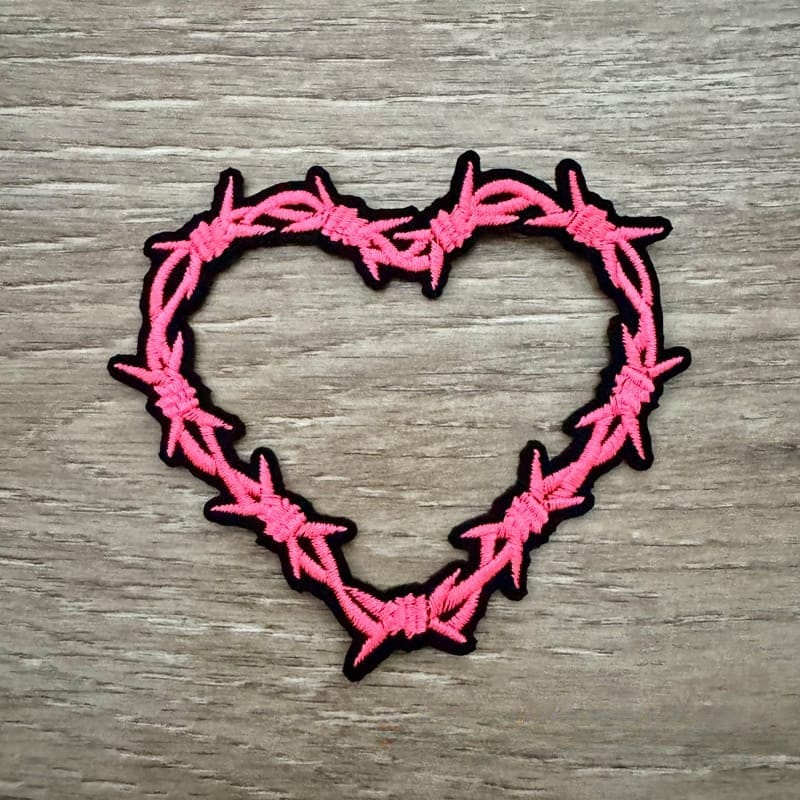 On A Whim Hats Barbed Wire Pink Heart Iron-On Patch