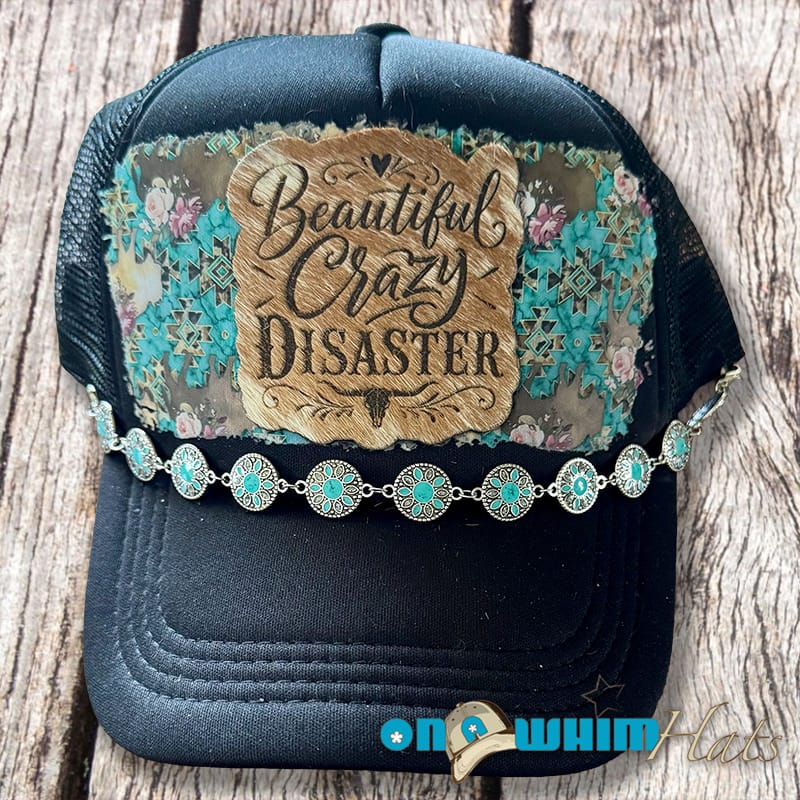 On A Whim Hats Beautiful Crazy Disaster Handmade Trucker Hat with Genuine Cowhide Patch