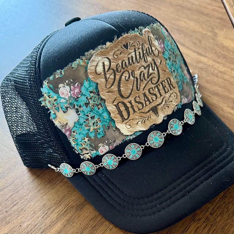 On A Whim Hats Beautiful Crazy Disaster Handmade Trucker Hat with Genuine Cowhide Patch