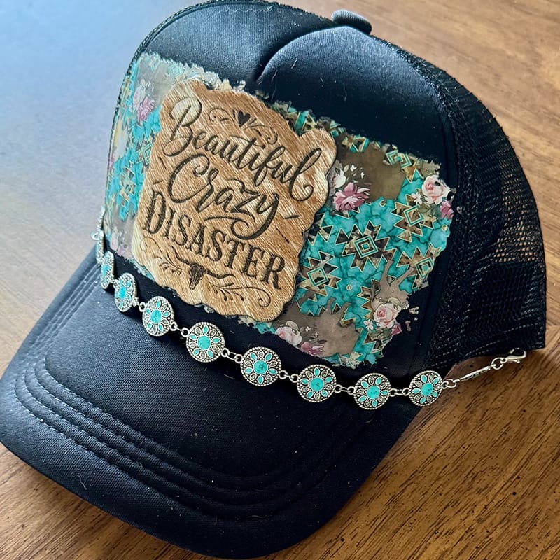 On A Whim Hats Beautiful Crazy Disaster Handmade Trucker Hat with Genuine Cowhide Patch