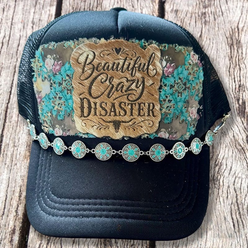 On A Whim Hats Beautiful Crazy Disaster Handmade Trucker Hat with Genuine Cowhide Patch