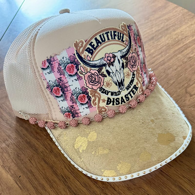 On A Whim Hats Beautiful Disaster Handmade Trucker Hat w/ Genuine Cowhide Brim