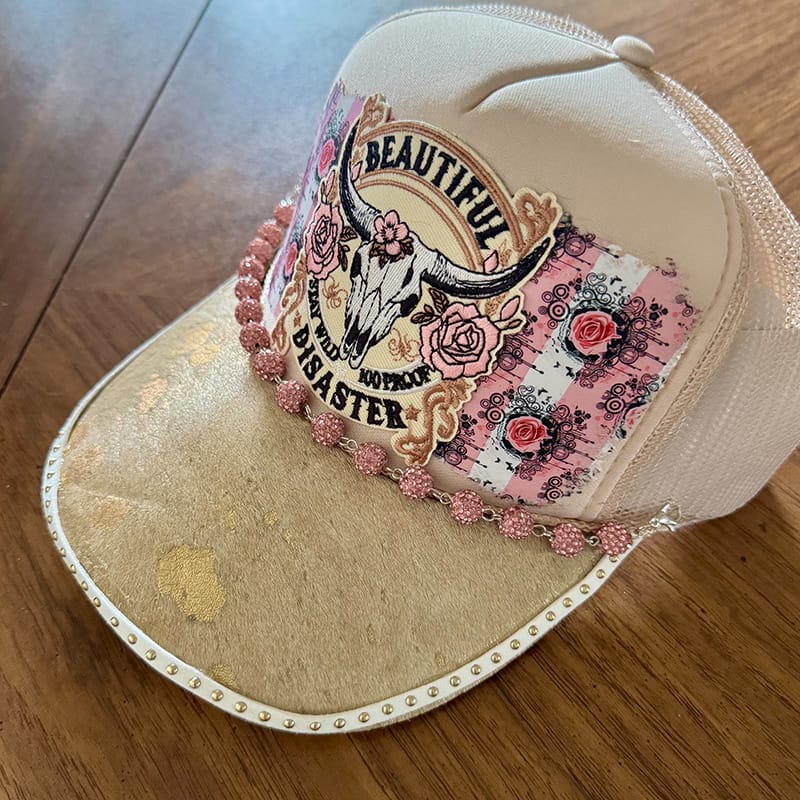 On A Whim Hats Beautiful Disaster Handmade Trucker Hat w/ Genuine Cowhide Brim