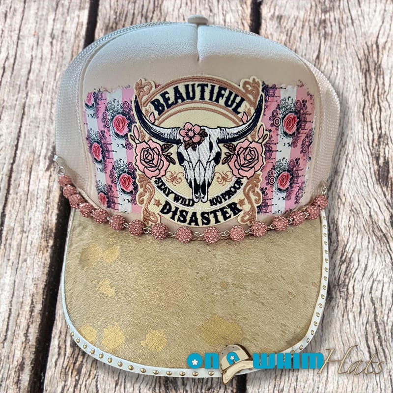 On A Whim Hats Beautiful Disaster Handmade Trucker Hat w/ Genuine Cowhide Brim