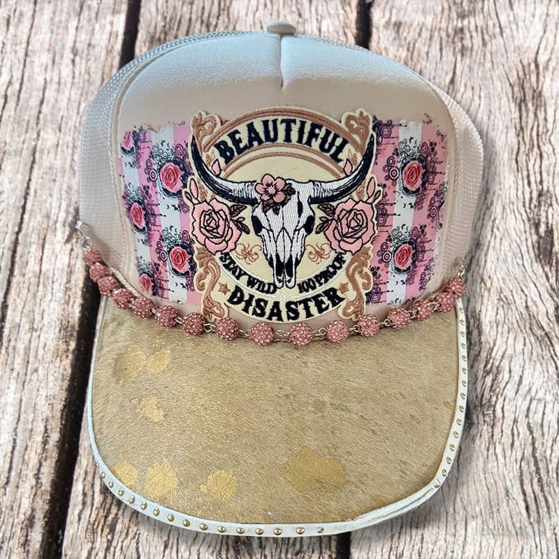 On A Whim Hats Beautiful Disaster Handmade Trucker Hat w/ Genuine Cowhide Brim