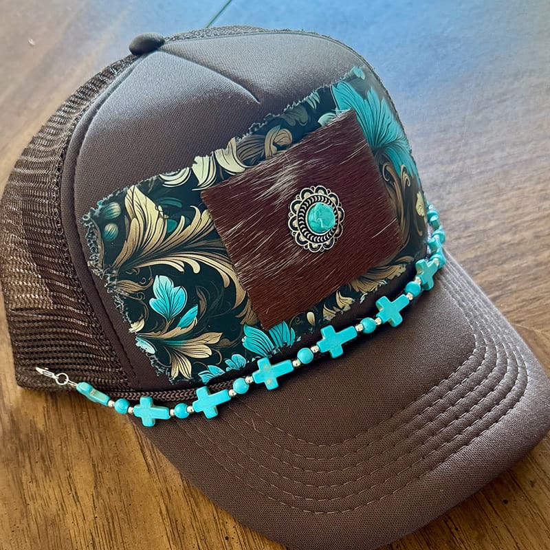 On A Whim Hats Bejeweled Handmade Trucker Hat with Genuine Cowhide Patch
