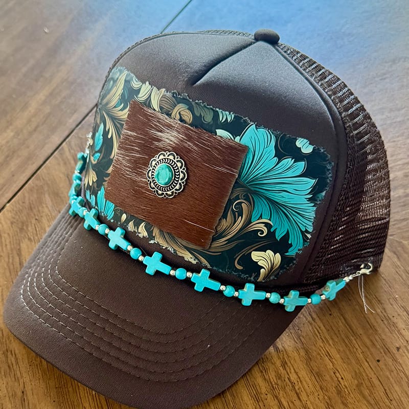 On A Whim Hats Bejeweled Handmade Trucker Hat with Genuine Cowhide Patch