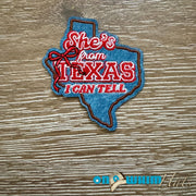 On A Whim Hats Blue She's From Texas Iron-On Patch