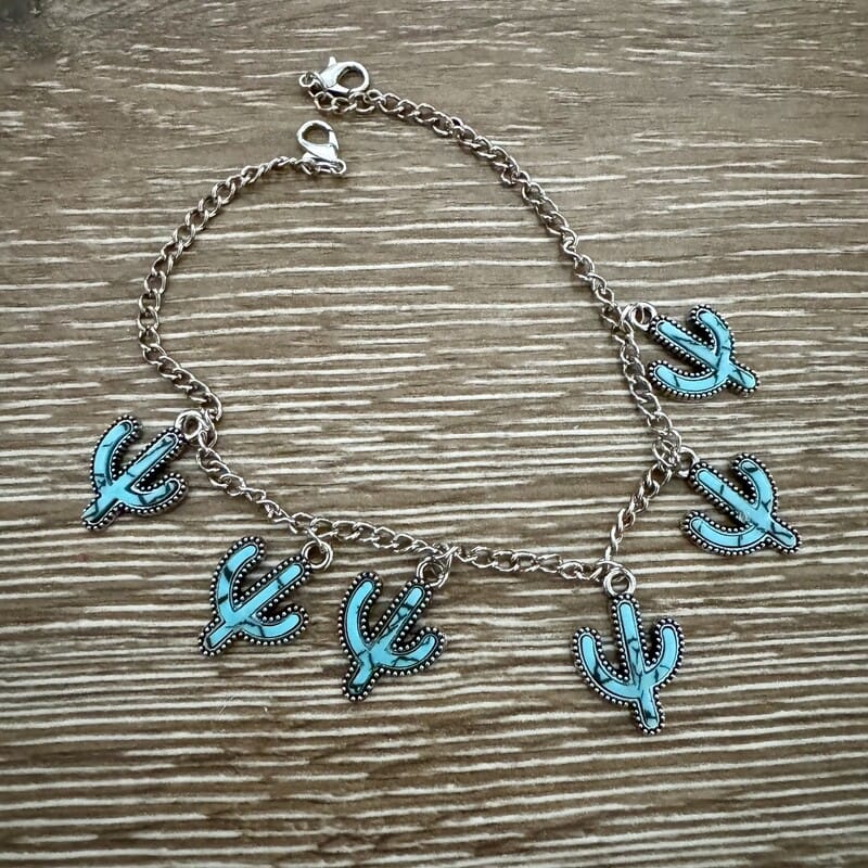 Cactus charm hat chain with five turquoise saguaro cactus charms on silver-tone chain
