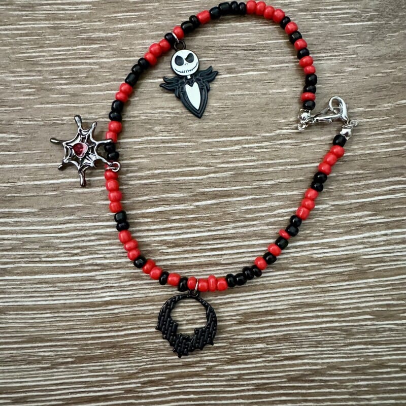On A Whim Hats Spooky Skeleton Bat Charm Halloween Bead Bracelet