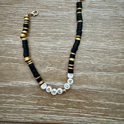 Black and gold heishi bead Game Day hat chain with lettered beads