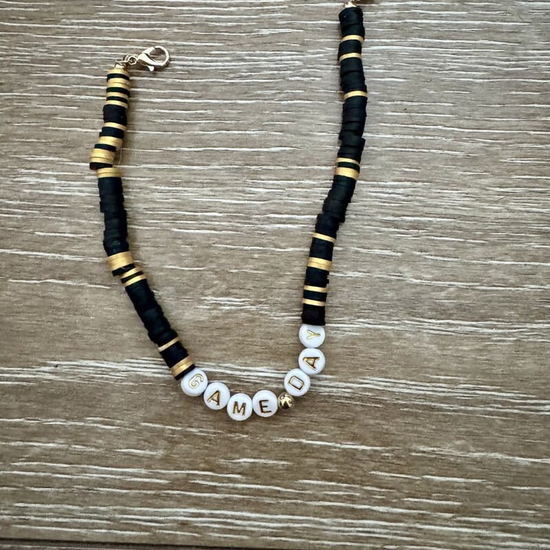 Black and gold heishi bead Game Day hat chain with lettered beads