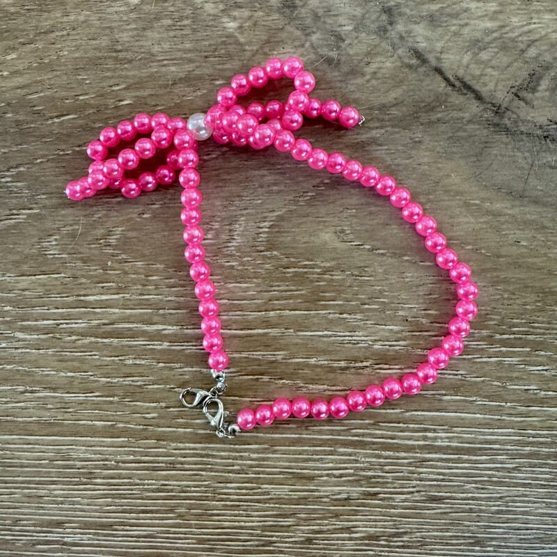 Hot pink pearl beaded hat chain with bow charm