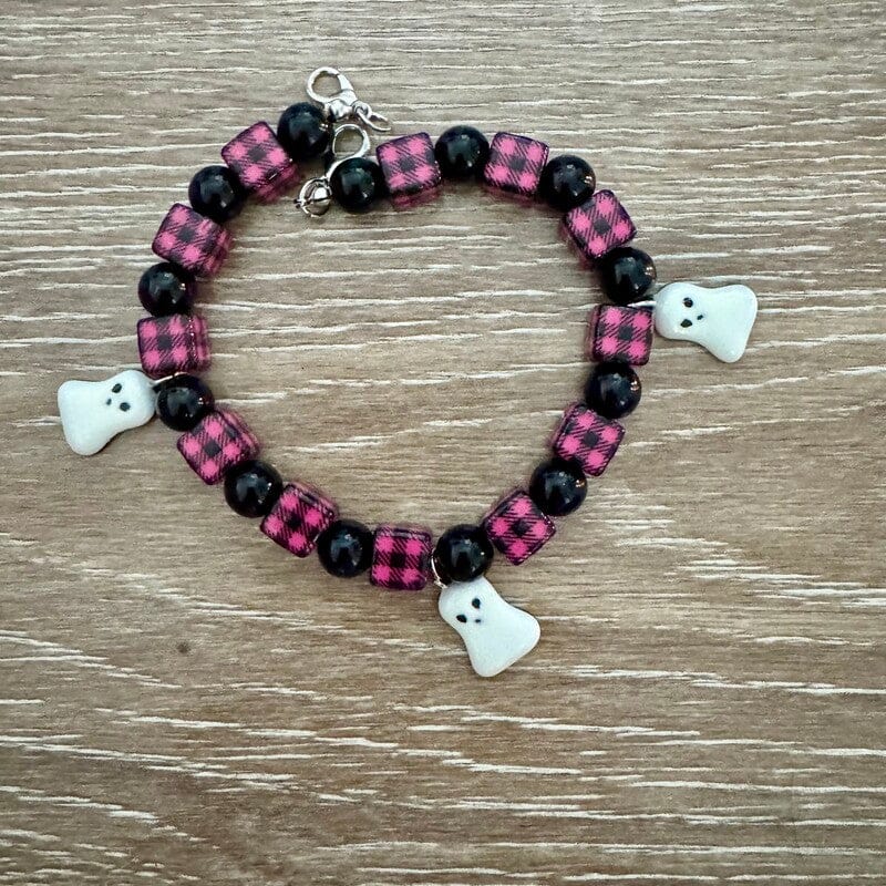 Pink plaid beaded hat chain with three white ghost charms and silver clasp by On A Whim Hats